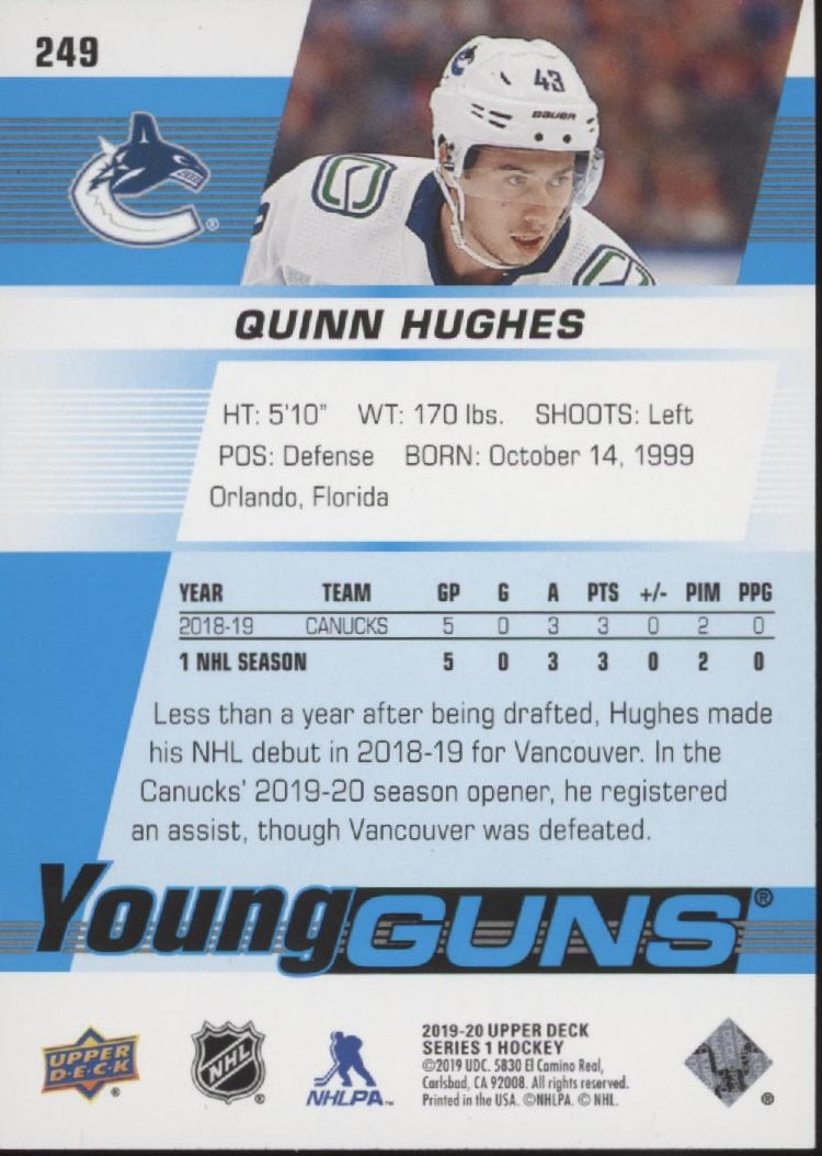 Quinn Hughes 2019-20 Upper Deck Series 1 Young Guns RC #249
