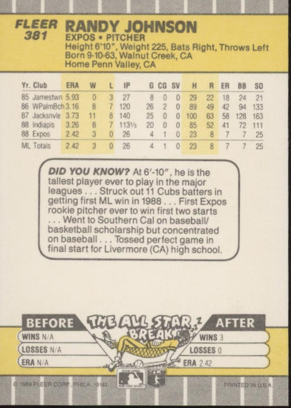 Randy Johnson 1989 Fleer RC #381 #2