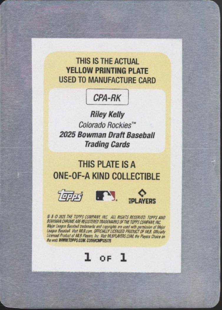 Riley Kelly 2025 Bowman Draft Yellow Printing Plate Auto 1/1 #CPA-RK、Collector Store LLC、kayou