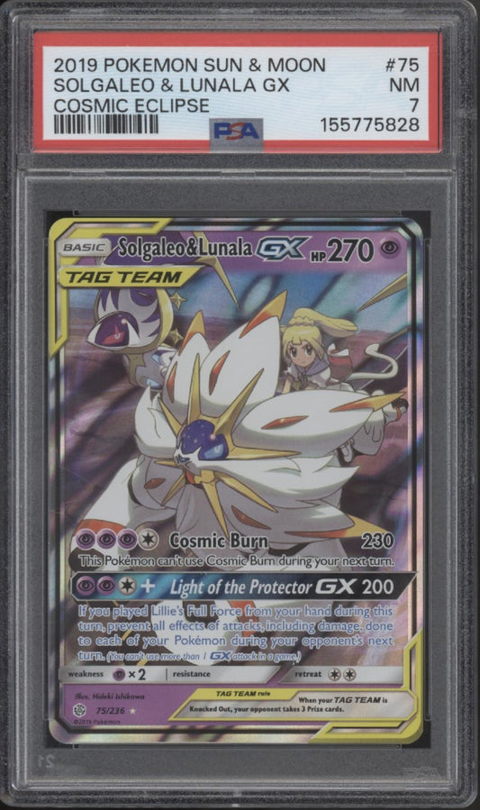 Solgaleo & Lunala GX Pokemon Cosmic Eclipse #75 PSA 7
