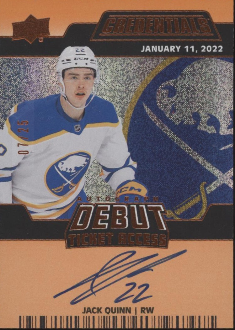 Jack Quinn 2022-23 Upper Deck Credentials Debut Ticket Access Orange Auto 07/25