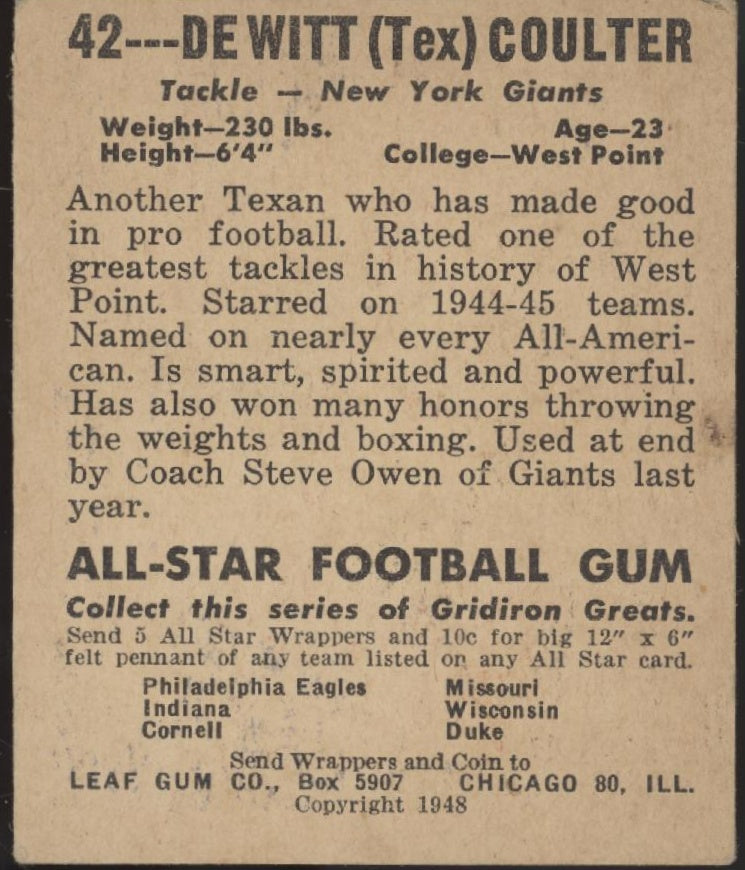 DeWitt Coulter 1948 Leaf #42 New York Giants VG-EX