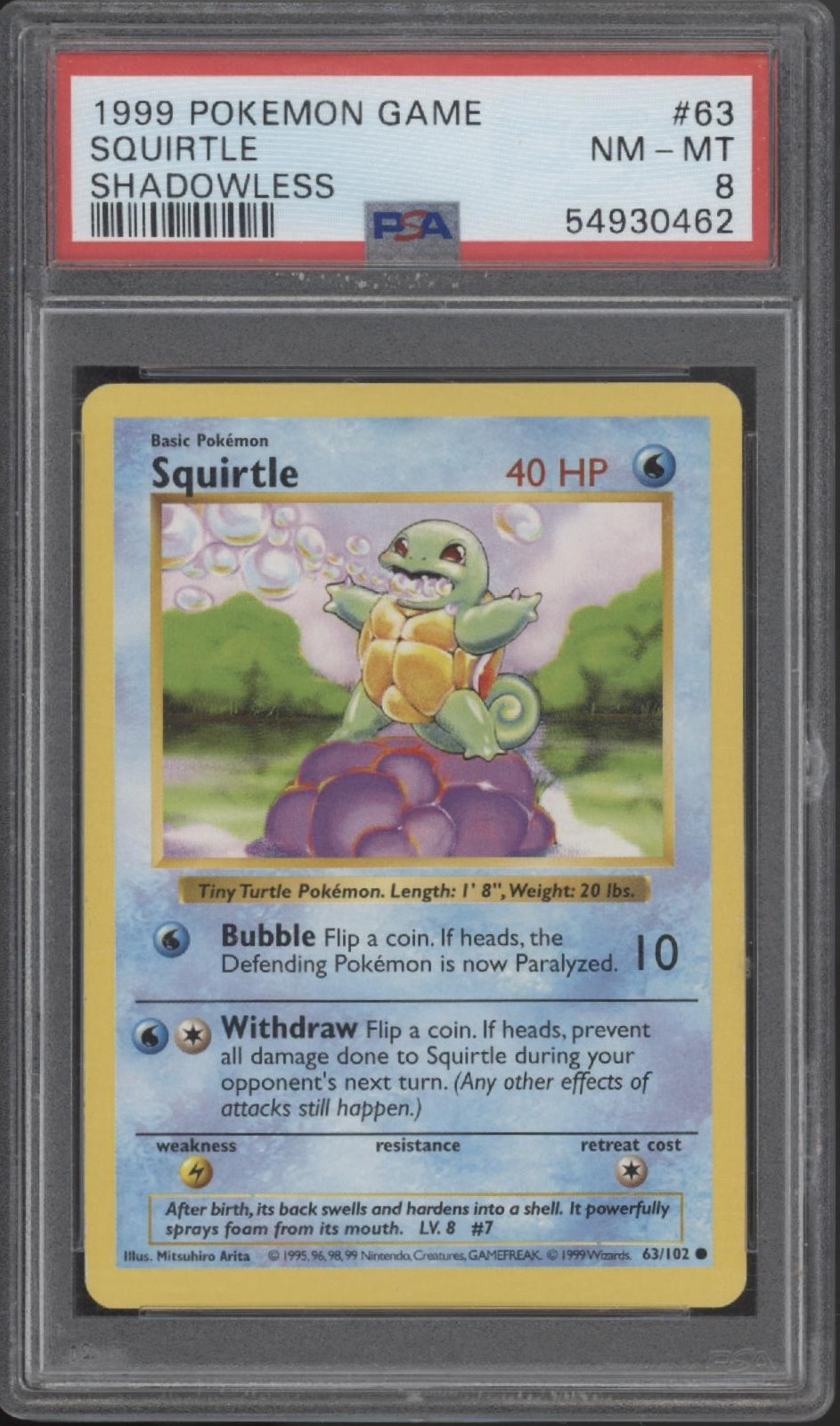 Squirtle Pokemon Base Set Shadowless #63 PSA 8