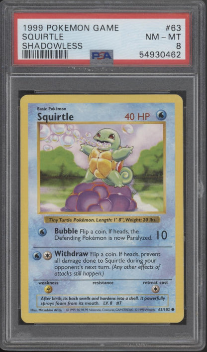 Squirtle Pokemon Base Set Shadowless #63 PSA 8