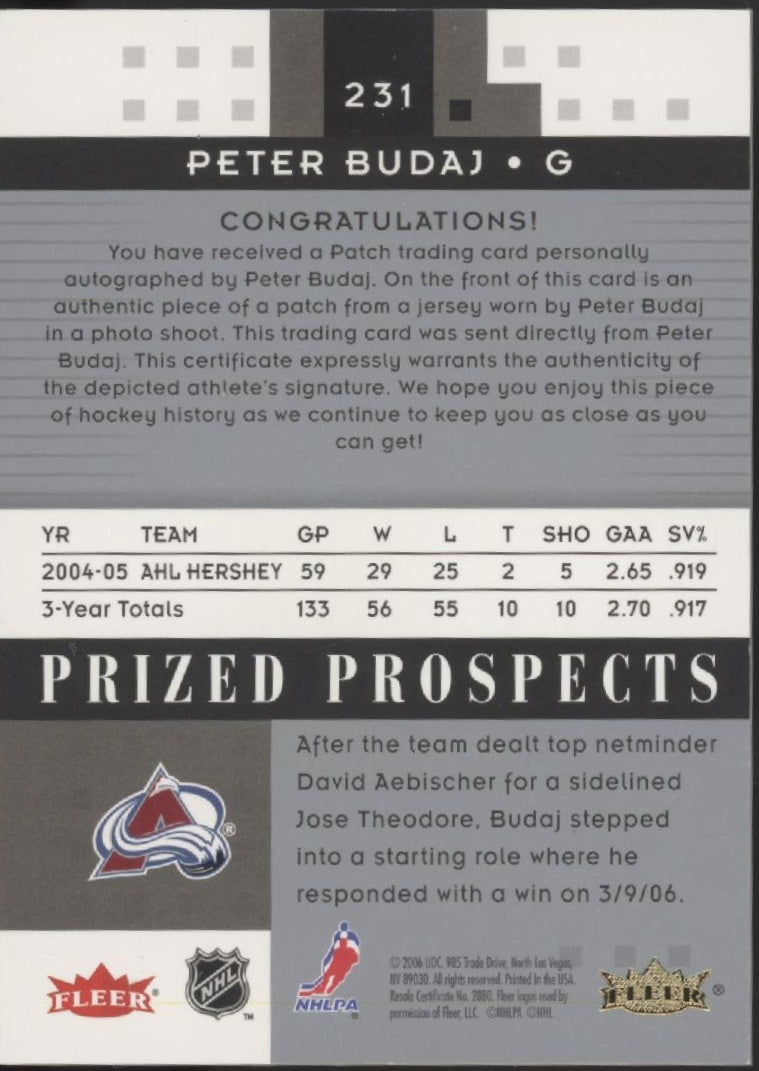 Peter Budaj 2005-06 Fleer Hot Prospects Swatch Auto 303/349 #231