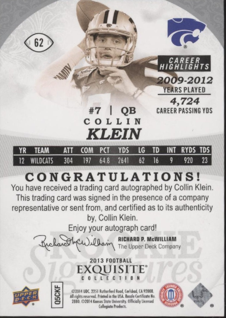 Collin Klein 2013 Upper Deck Exquisite Collection RC Auto 49/70 #62