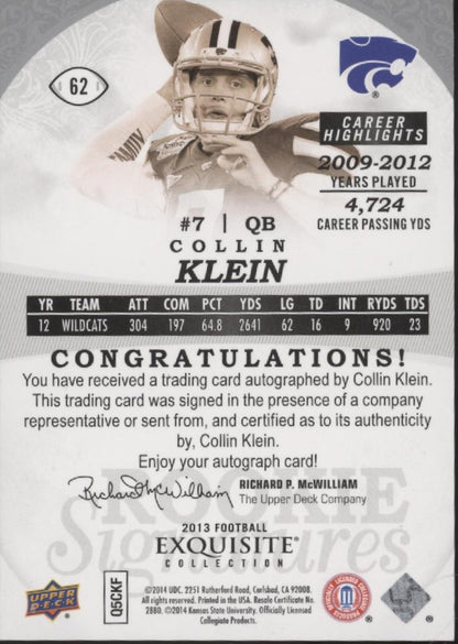 Collin Klein 2013 Upper Deck Exquisite Collection RC Auto 49/70 #62
