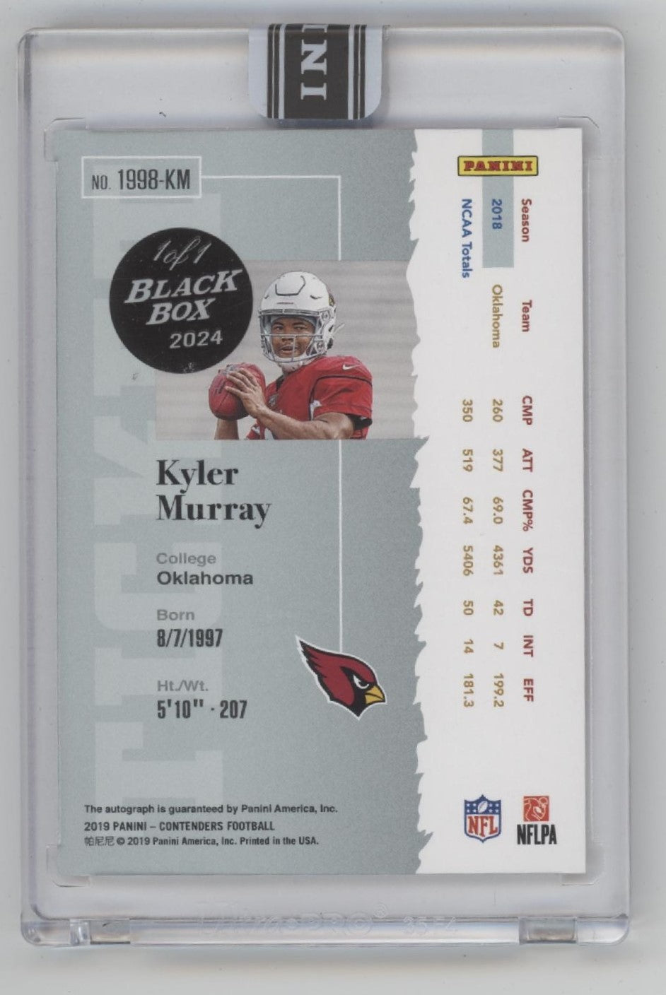 Kyler Murray 2019 Panini Contenders Rookie Ticket RC Auto 1 of 1 #1998-KM