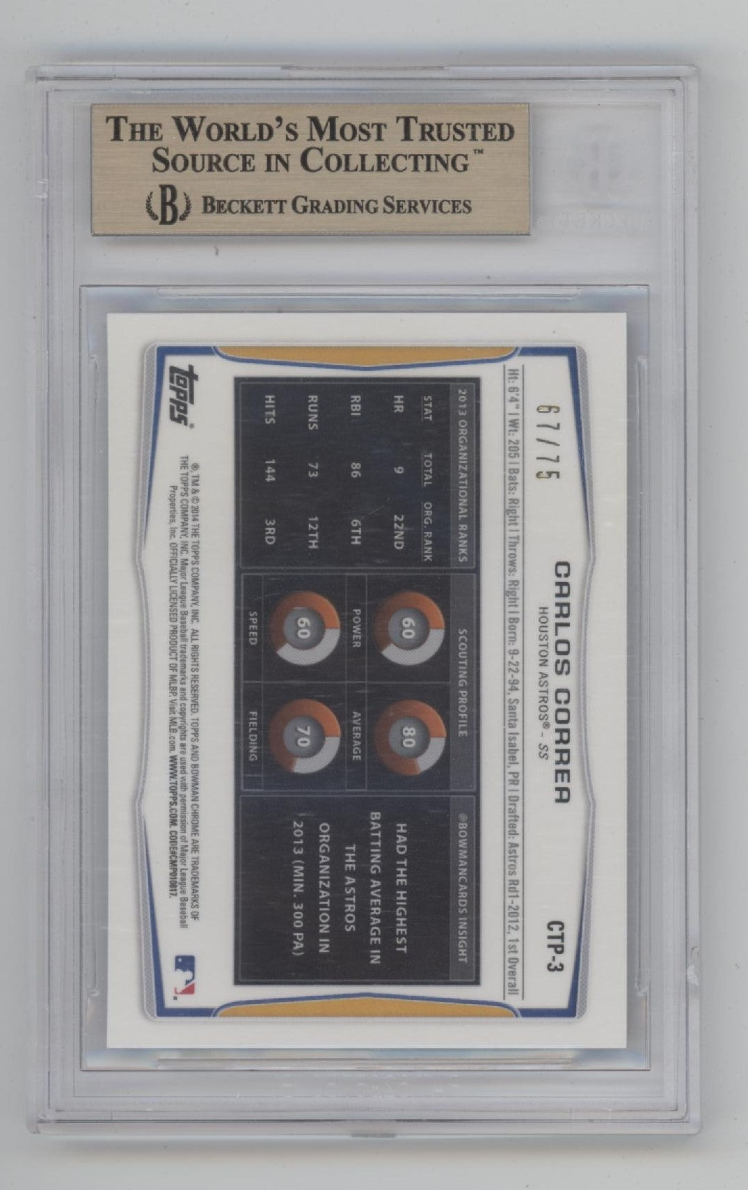 Carlos Correa 2014 Bowman Chrome Draft Top Prospects Black Refractor BGS 9.5