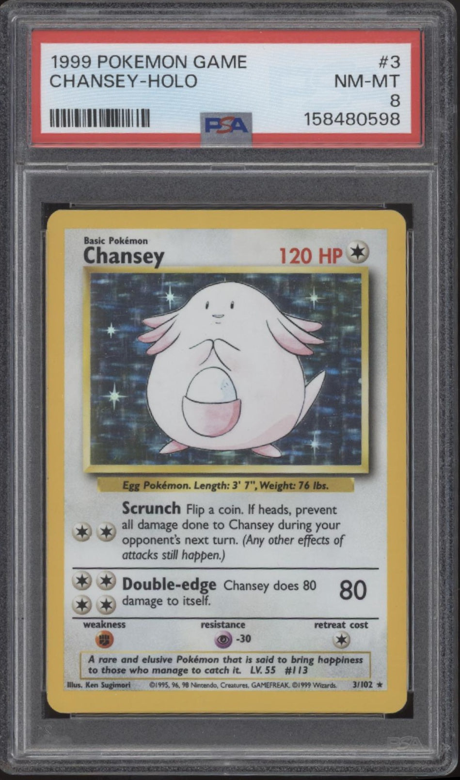 Chansey Pokemon Base Set Holo #3 PSA 8