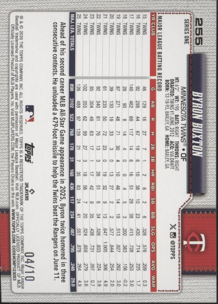 Byron Buxton 2026 Topps Series 1 Black Sandglitter 04/10 #255