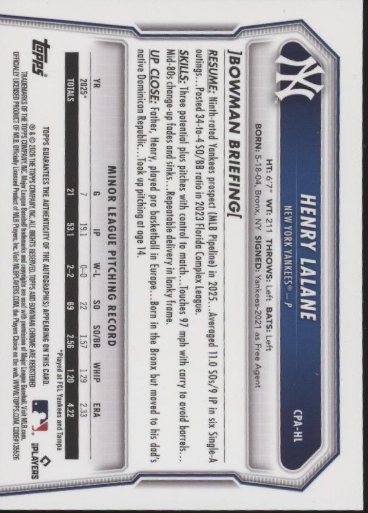 Henry Lalane 2026 Bowman Chrome Auto #CPA-HL