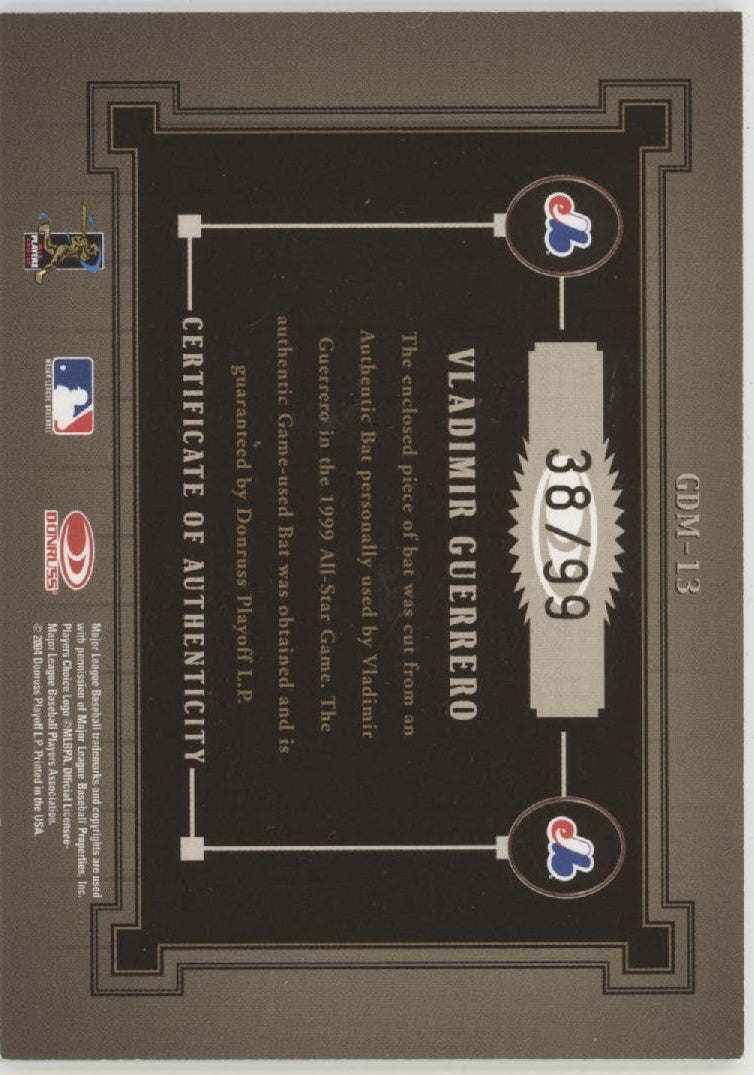 Vladimir Guerrero 2004 Timeless Treasures Game Day Materials Bat Relic 38/99