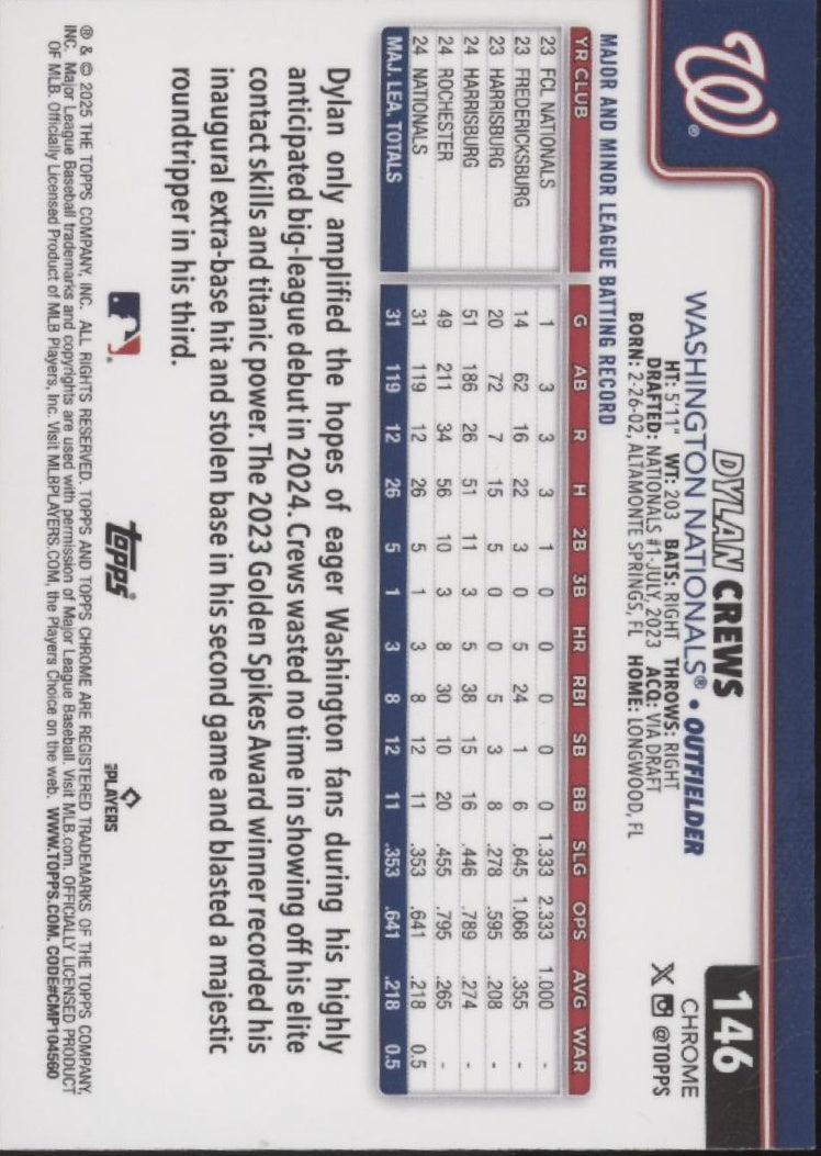 Dylan Crews 2025 Topps Chrome Refractor RC #146