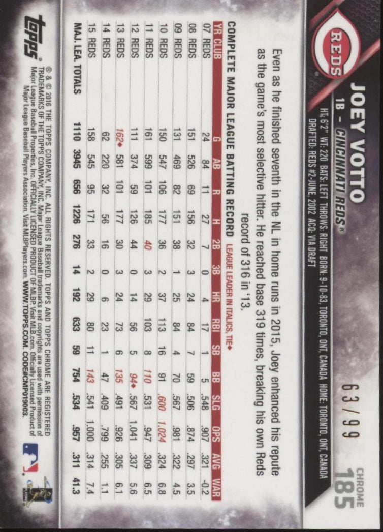 Joey Votto 2016 Topps Chrome Refractor 63/99 #185