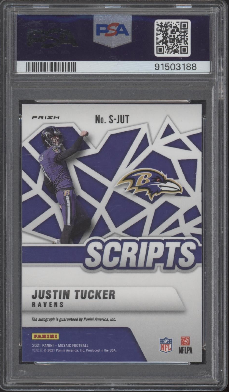 Justin Tucker 2021 Panini Mosaic Scripts Prizm Auto #S-JUT PSA 10