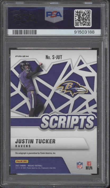 Justin Tucker 2021 Panini Mosaic Scripts Prizm Auto #S-JUT PSA 10