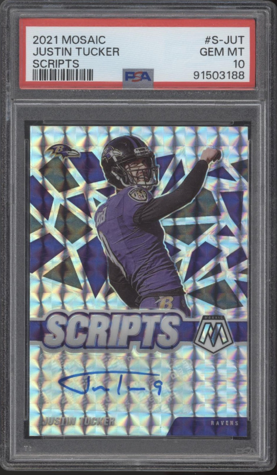 Justin Tucker 2021 Panini Mosaic Scripts Prizm Auto #S-JUT PSA 10