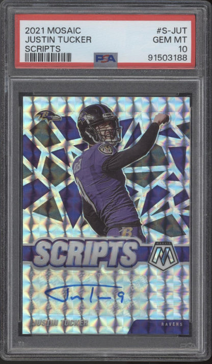 Justin Tucker 2021 Panini Mosaic Scripts Prizm Auto #S-JUT PSA 10