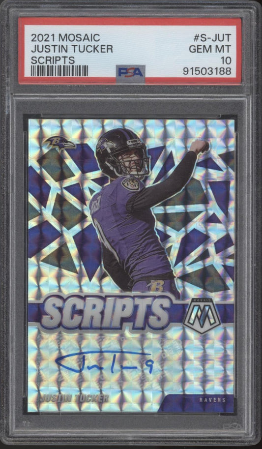 Justin Tucker 2021 Panini Mosaic Scripts Prizm Auto #S-JUT PSA 10