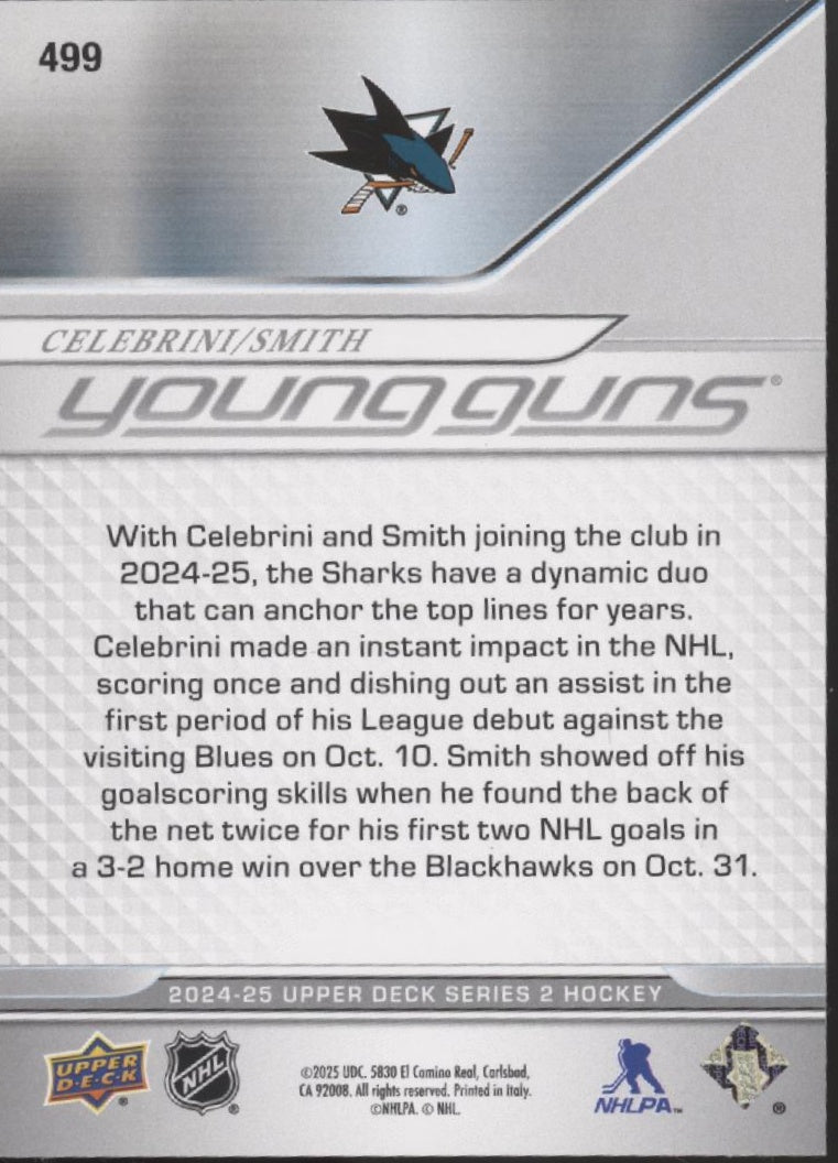 Macklin Celebrini / Will Smith 2024-25 Upper Deck Series 2 Young Guns RC #499