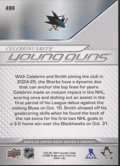 Macklin Celebrini / Will Smith 2024-25 Upper Deck Series 2 Young Guns RC #499