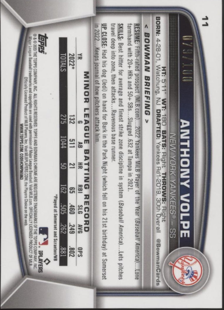 Anthony Volpe 2023 Bowman Chrome Wave Refractor RC 079/100 #11