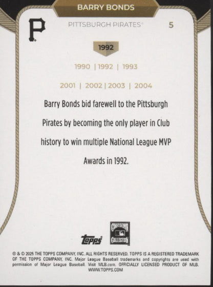 Barry Bonds 2025 Topps Welcome to the Club 7 x MVP Green Stardust Foil 86/99