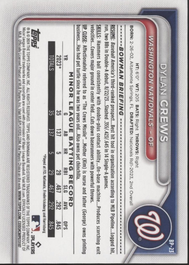 Dylan Crews 2024 Bowman Green 78/99 #BP-23