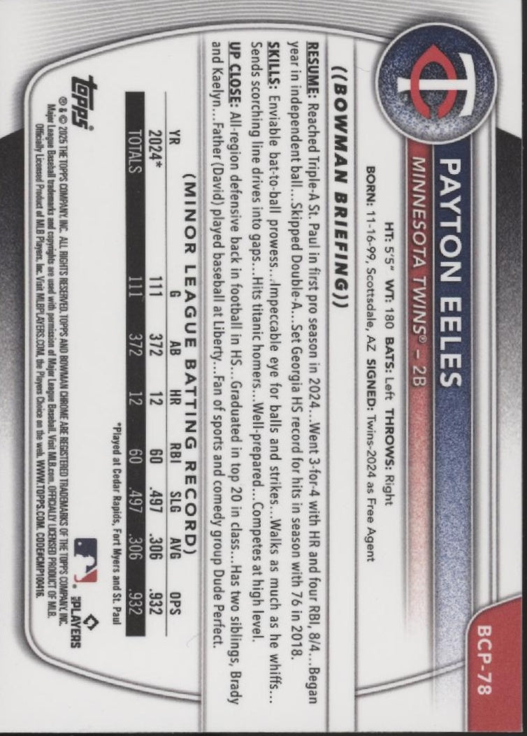 Payton Eeles 2025 Bowman Chrome Prospects Green Grass Refractor #BCP-78
