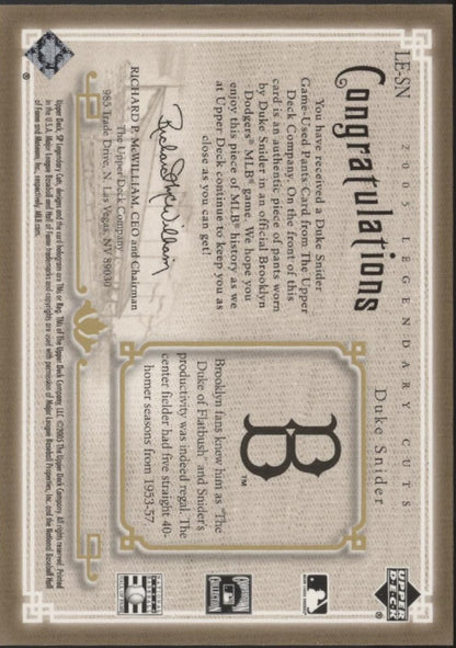 Duke Snider 2005 Upper Deck SP Legendary Cuts Legendary Lineage Relic #LE-SN