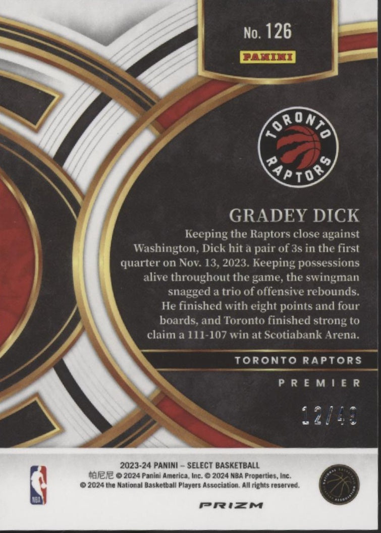 Gradey Dick 2023-24 Panini Select Teal White Pink Prizm RC 12/49 #126