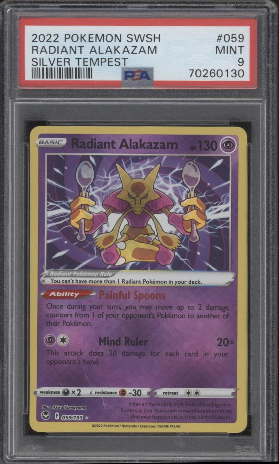 Radiant Alakazam Pokemon Silver Tempest #059 PSA 9