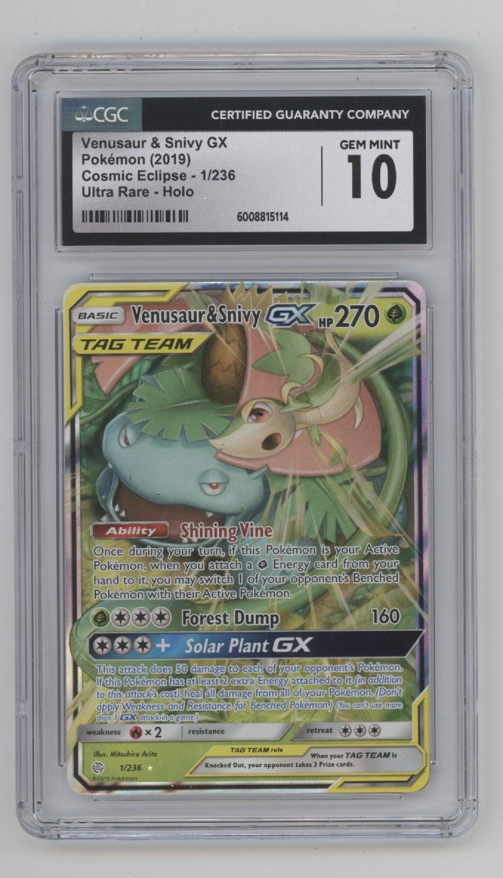 Venusaur & Snivy GX Pokemon Cosmic Eclipse Ultra Rare Holo #1 CGC 10