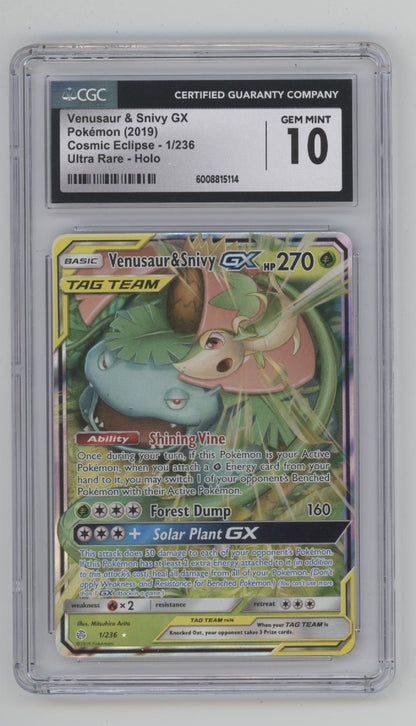 Venusaur & Snivy GX Pokemon Cosmic Eclipse Ultra Rare Holo #1 CGC 10