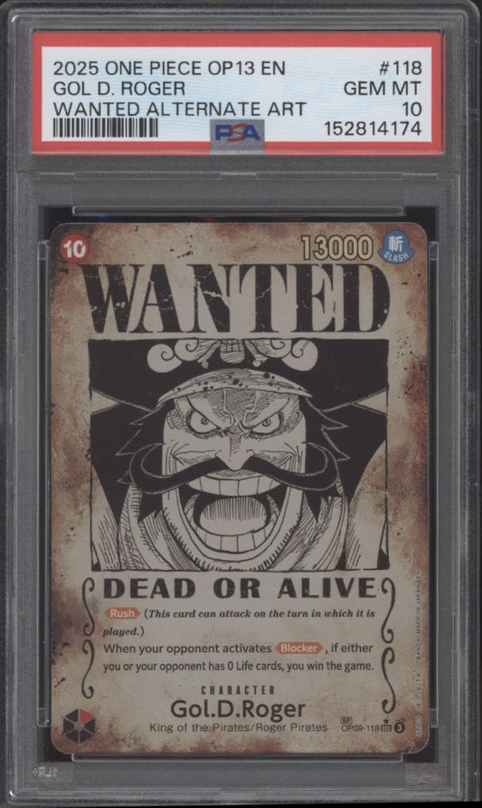 Gol D Roger One Piece Card Game OP13 Wanted Alternate Art #118 PSA 10