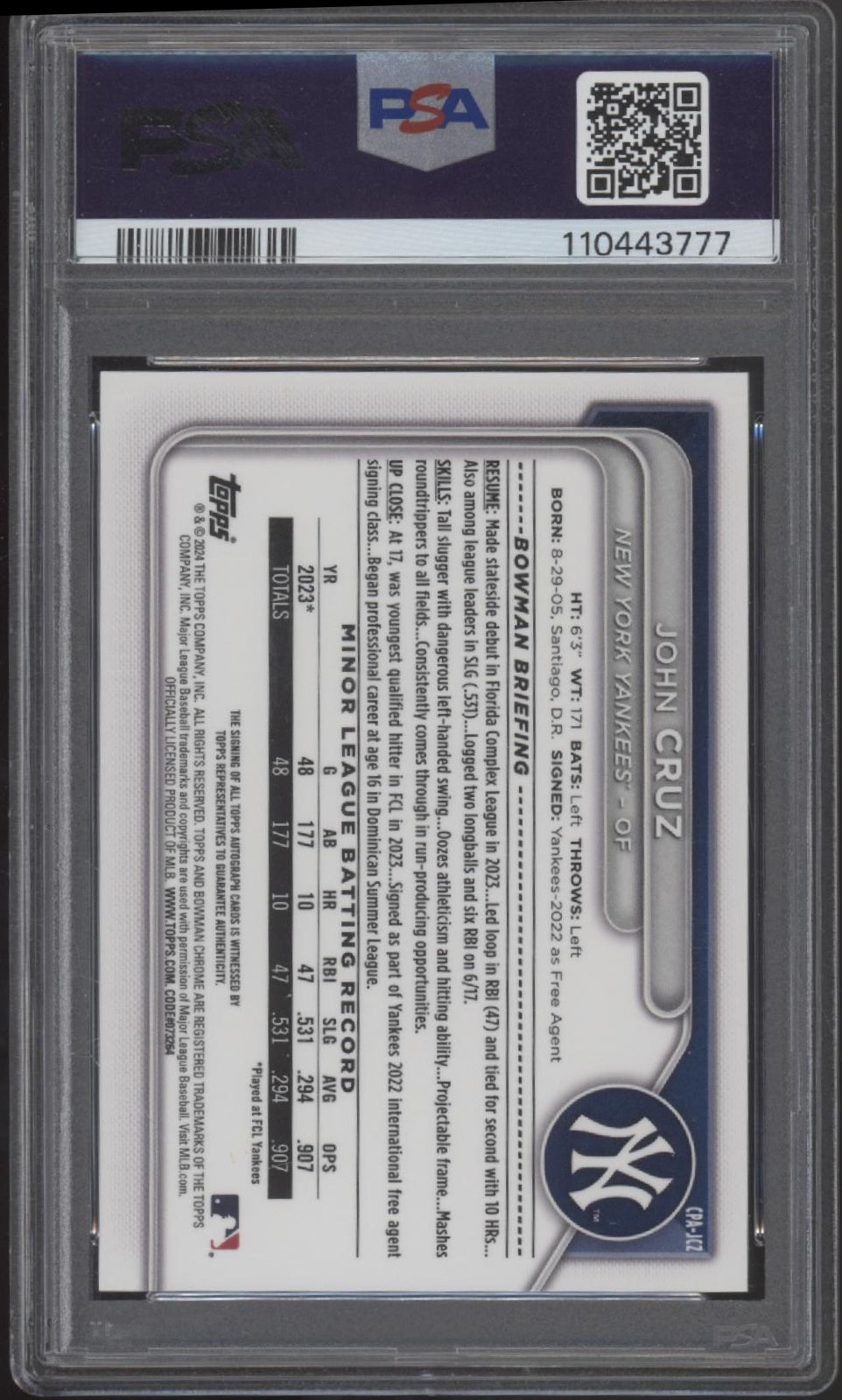 John Cruz 2024 Bowman Chrome Prospects Green Lava Refractor Auto 05/99 PSA 10