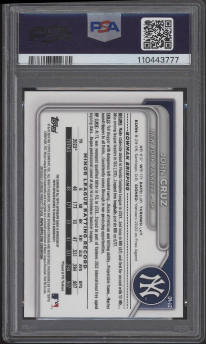 John Cruz 2024 Bowman Chrome Prospects Green Lava Refractor Auto 05/99 PSA 10