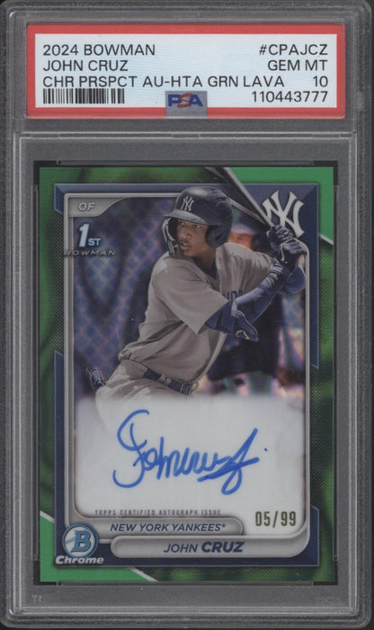 John Cruz 2024 Bowman Chrome Prospects Green Lava Refractor Auto 05/99 PSA 10