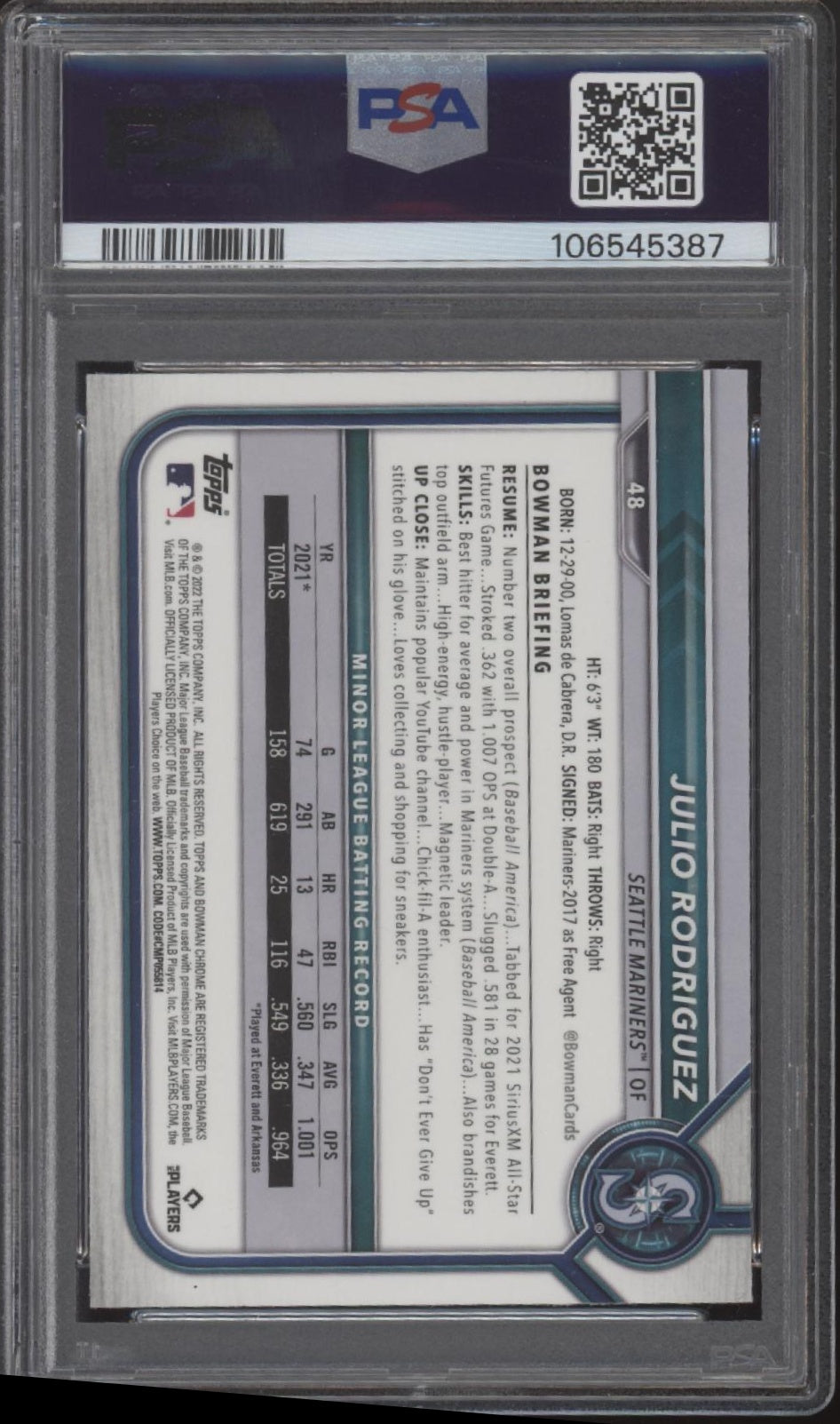 Julio Rodriguez 2022 Bowman Chrome RC #48 PSA 10