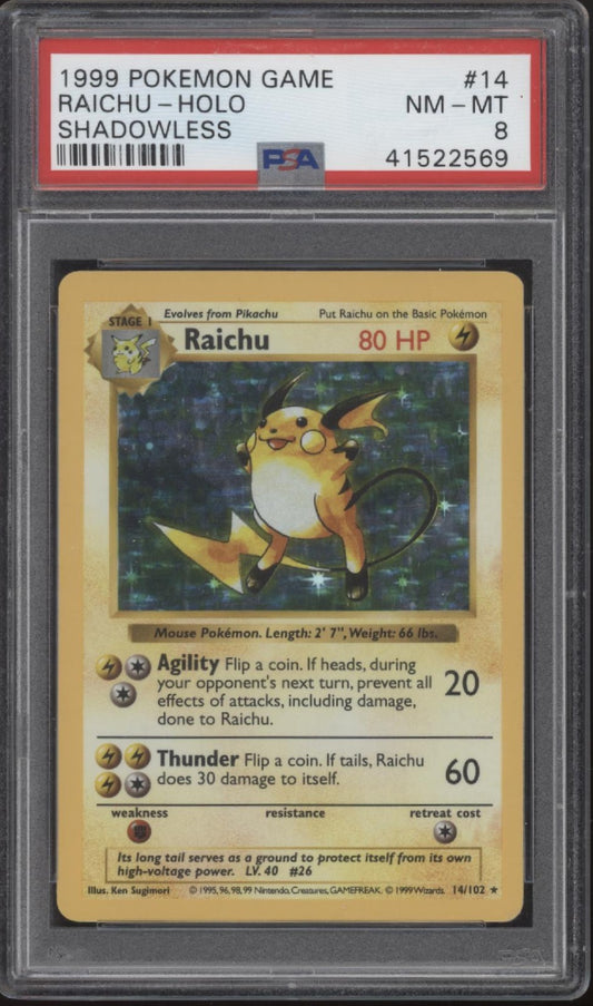 Raichu Pokemon Base Set Shadowless Holo #14 PSA 8