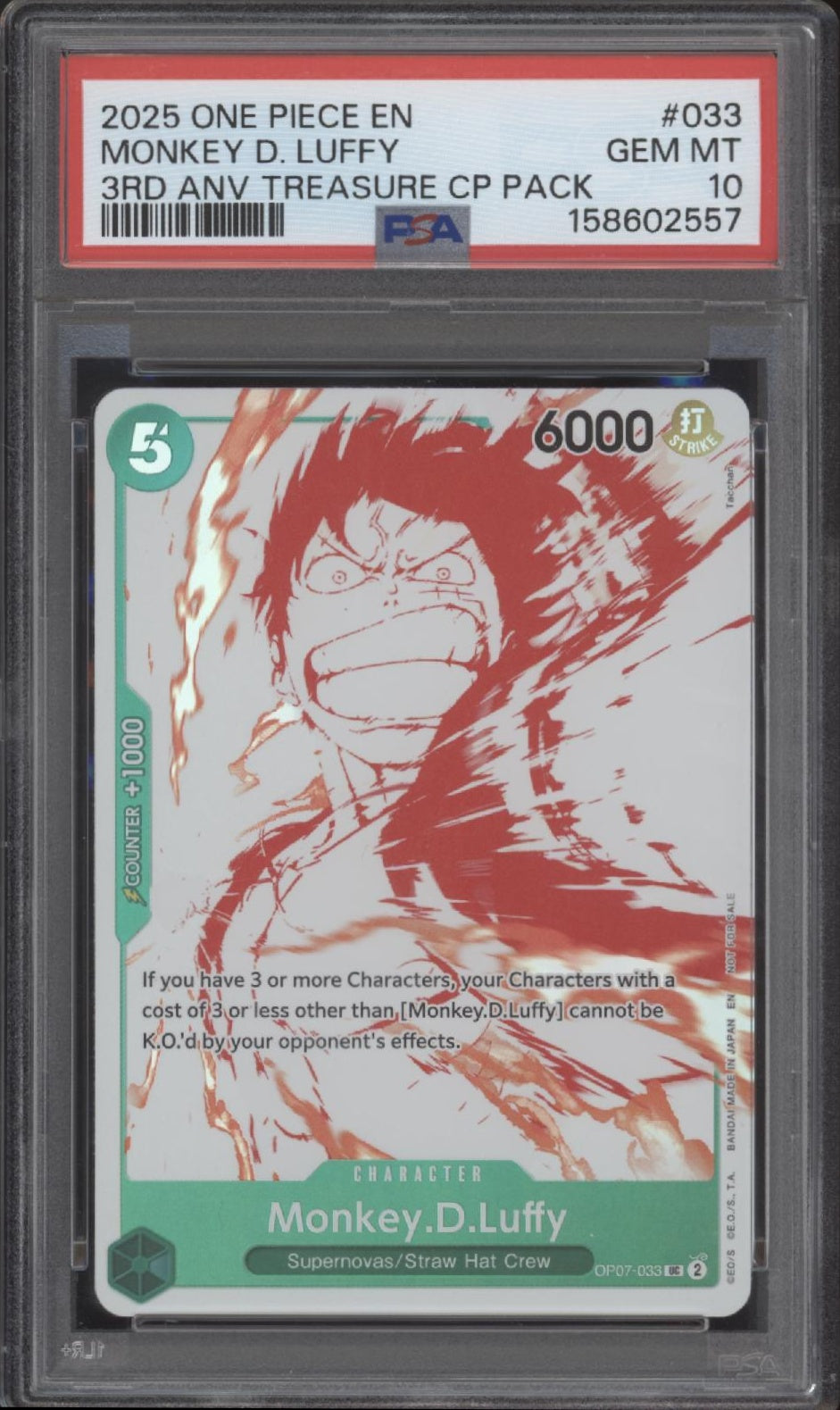 Monkey D Luffy One Piece Card Game 3rd Anniversary Treasure CP Pack #033 PSA 10