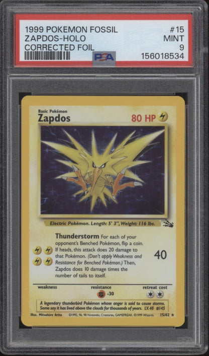 Zapdos Pokemon Fossil Corrected Foil #15 PSA 9