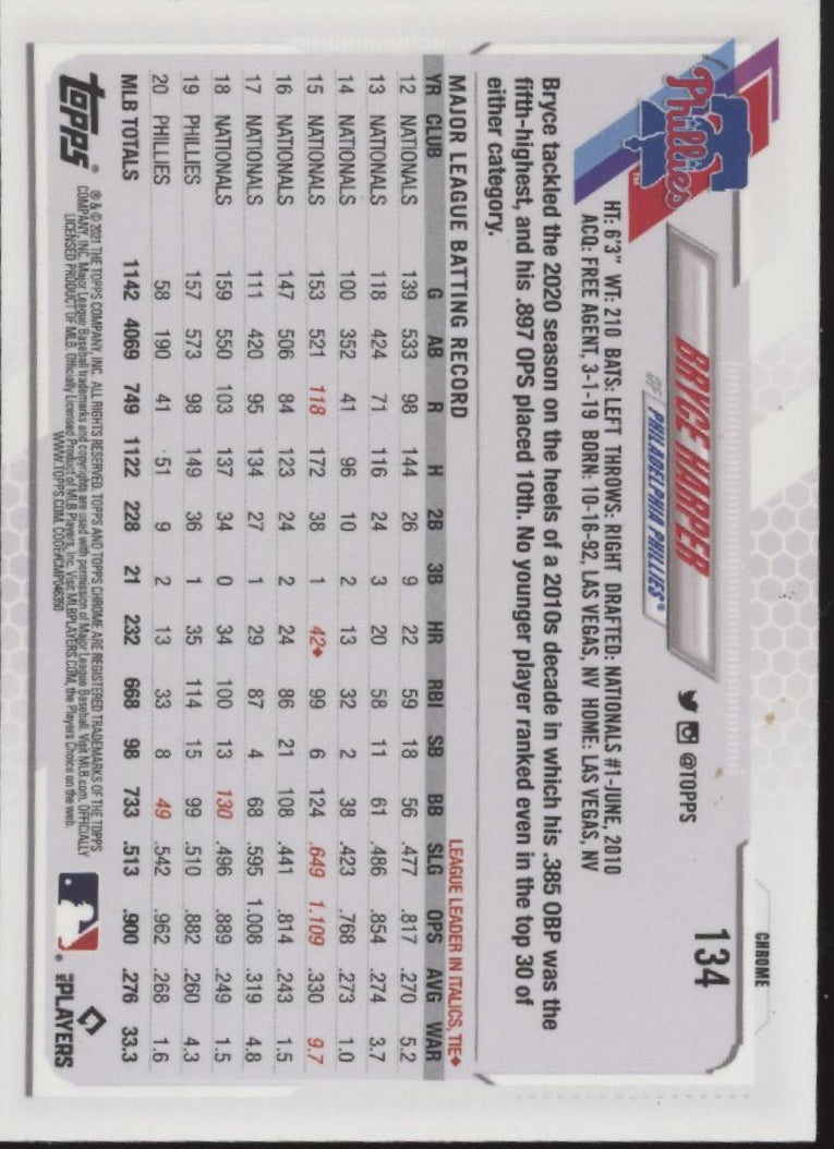 Bryce Harper 2021 Topps Chrome Refractor #134