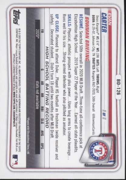 Evan Carter 2020 Bowman Prospect Sky Blue 499/499 #BD-126