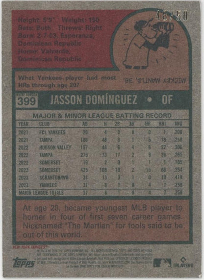 Jasson Dominguez 2024 Topps Heritage Mini Black RC 48/50 #399