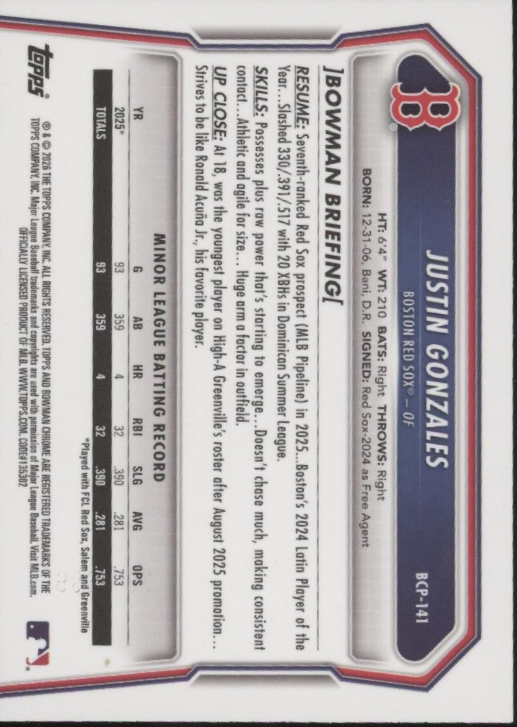 Justin Gonzales 2026 Bowman Chrome Lava Refractor 151/399 #BCP-141