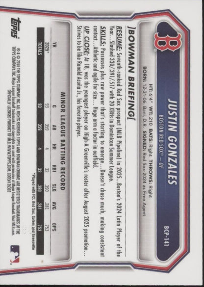 Justin Gonzales 2026 Bowman Chrome Lava Refractor 151/399 #BCP-141