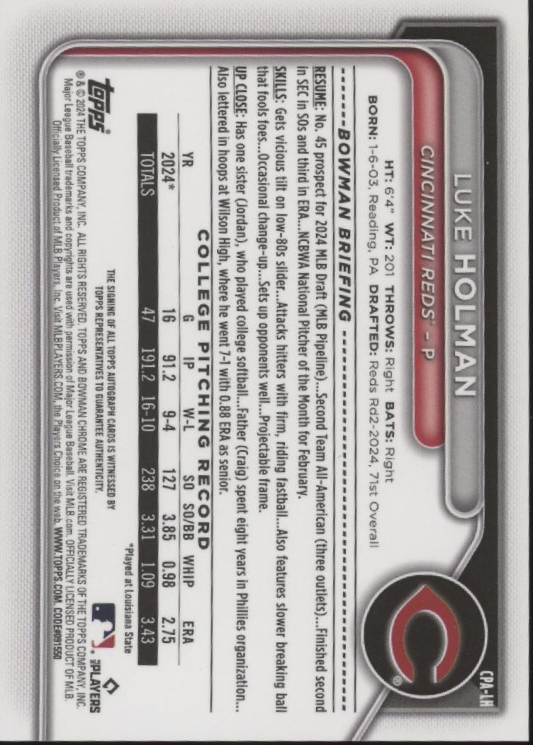 Luke Holman 2024 Bowman Chrome Speckle Refractor Auto 24/71 #CPA-LH