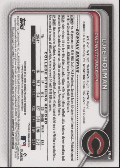 Luke Holman 2024 Bowman Chrome Speckle Refractor Auto 24/71 #CPA-LH
